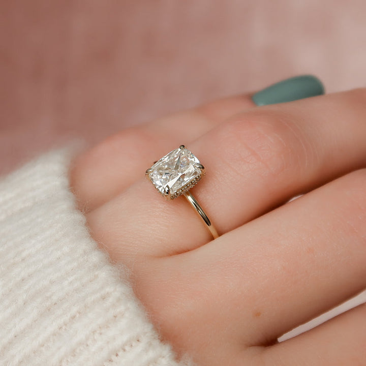 5.0CT Elongated Cushion Lab Grown F/VVS2 Diamond Hidden Halo Engagement Ring