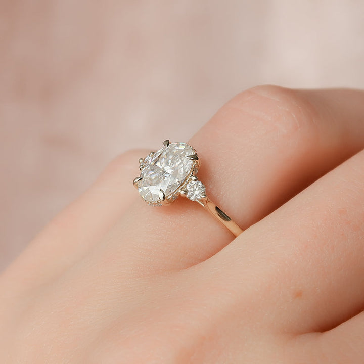 3.0CT Oval Lab Grown E/VVS2 Diamond Three Stone & Hidden Halo Engagement Ring