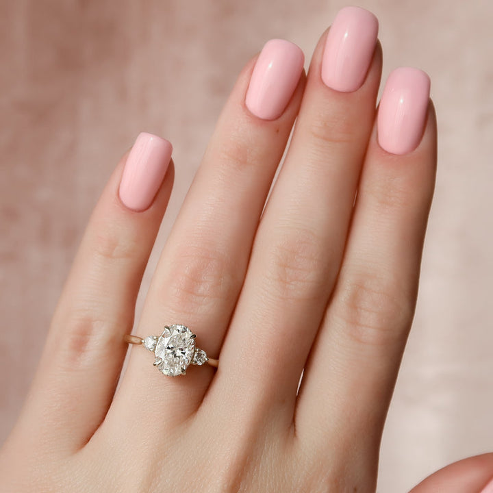 3.0CT Oval Lab Grown E/VVS2 Diamond Three Stone & Hidden Halo Engagement Ring