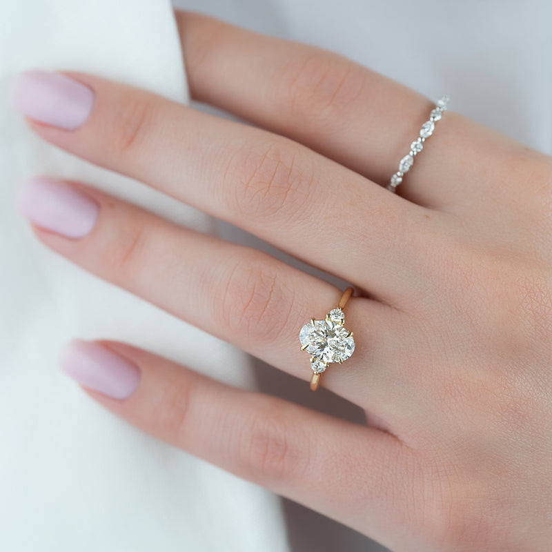 3.0CT Oval Lab Grown E/VVS2 Diamond Three Stone & Hidden Halo Engagement Ring