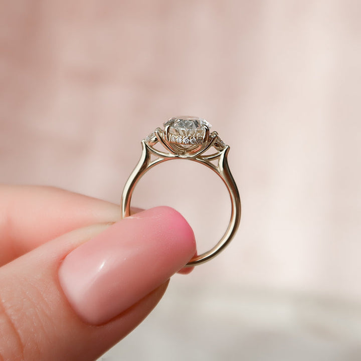 3.0CT Oval Lab Grown E/VVS2 Diamond Three Stone & Hidden Halo Engagement Ring
