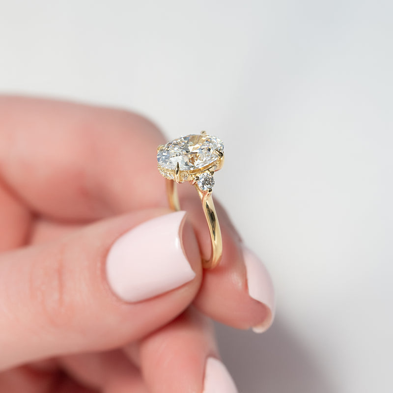 3.0CT Oval Lab Grown E/VVS2 Diamond Three Stone & Hidden Halo Engagement Ring