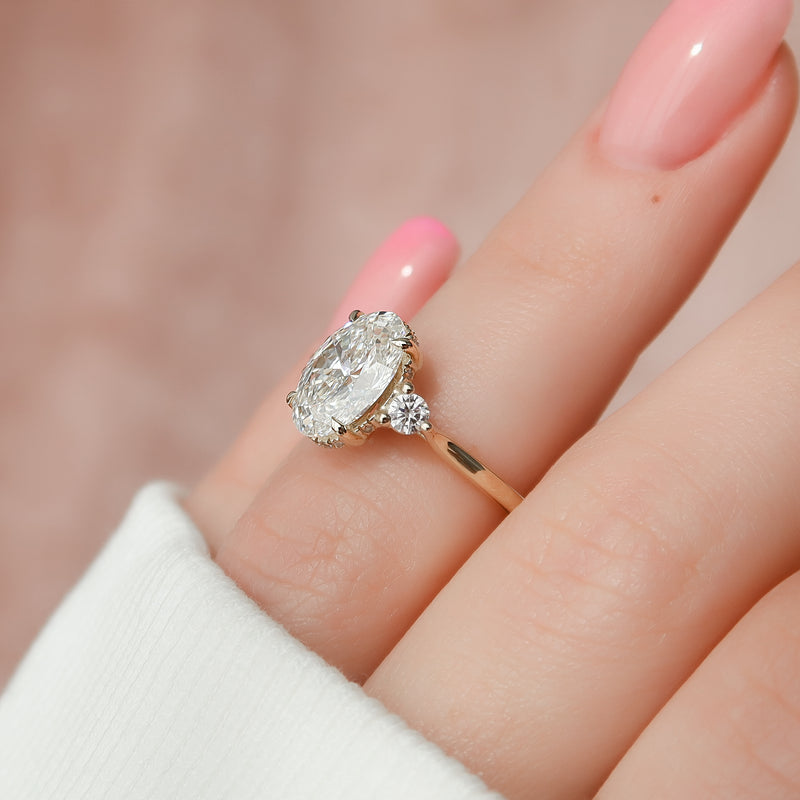 3.0CT Oval Lab Grown E/VVS2 Diamond Three Stone & Hidden Halo Engagement Ring