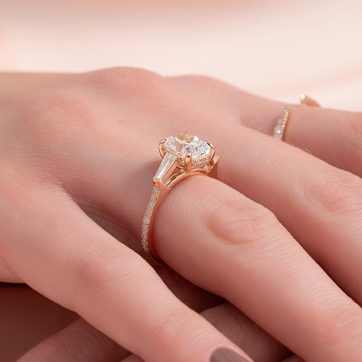 3.50CT Elongated Cushion Lab Grown E/VS1 Diamond Three Stone Pave Engagement Ring