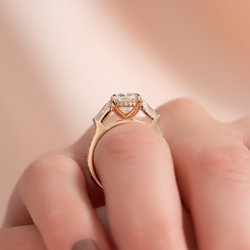 3.50CT Elongated Cushion Lab Grown E/VS1 Diamond Three Stone Pave Engagement Ring