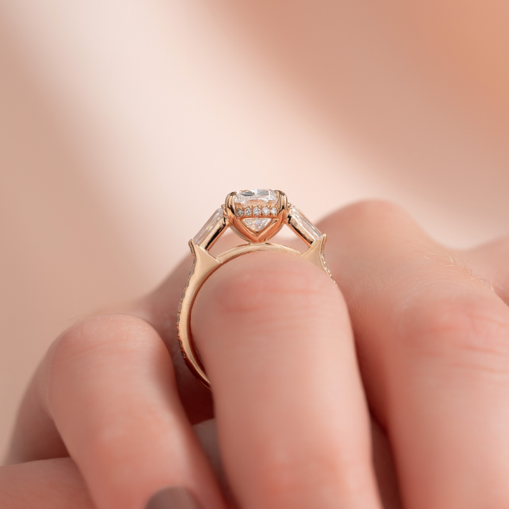 3.50CT Elongated Cushion Lab Grown E/VS1 Diamond Three Stone Pave Engagement Ring