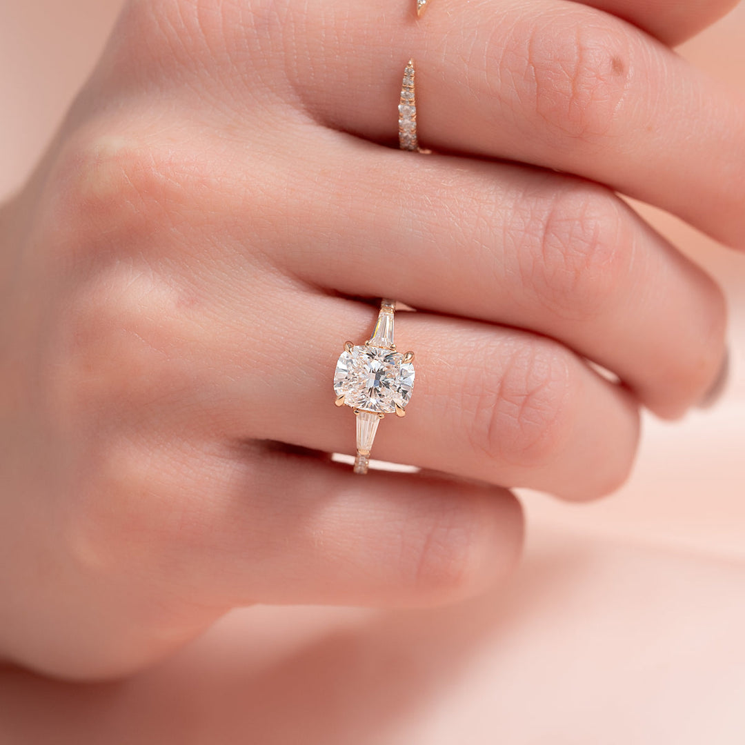 3.50CT Elongated Cushion Lab Grown E/VS1 Diamond Three Stone Pave Engagement Ring