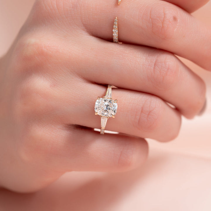 3.50CT Elongated Cushion Lab Grown E/VS1 Diamond Three Stone Pave Engagement Ring