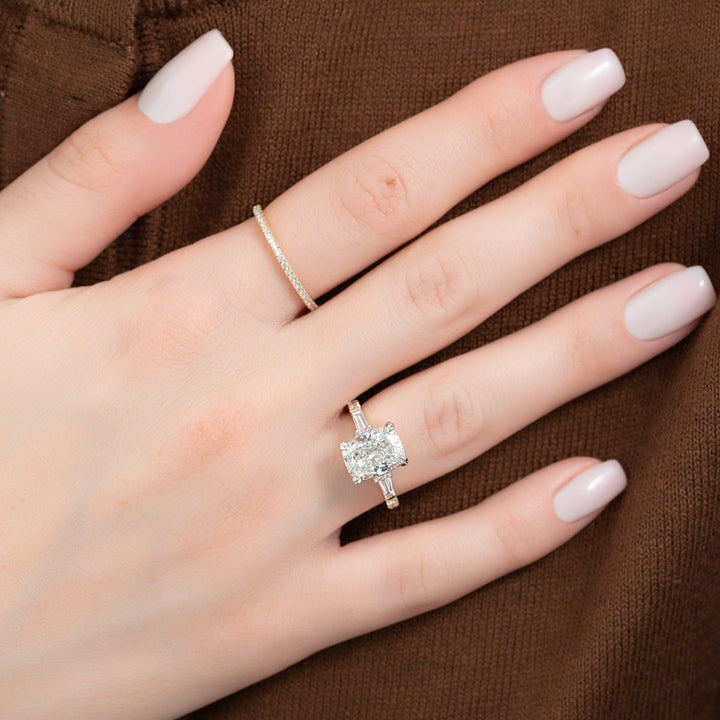 3.50CT Elongated Cushion Lab Grown E/VS1 Diamond Three Stone Pave Engagement Ring
