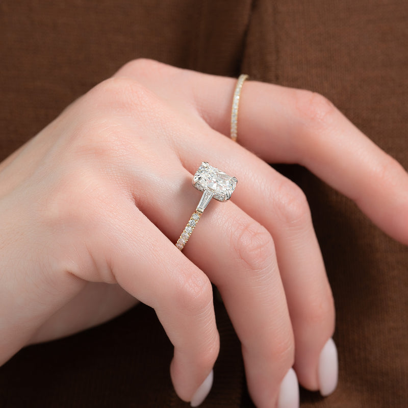 3.50CT Elongated Cushion Lab Grown E/VS1 Diamond Three Stone Pave Engagement Ring