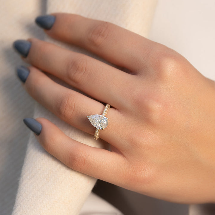 3.50CT Pear Lab Grown E/VVS2 Diamond Three Side Pave Engagement Ring