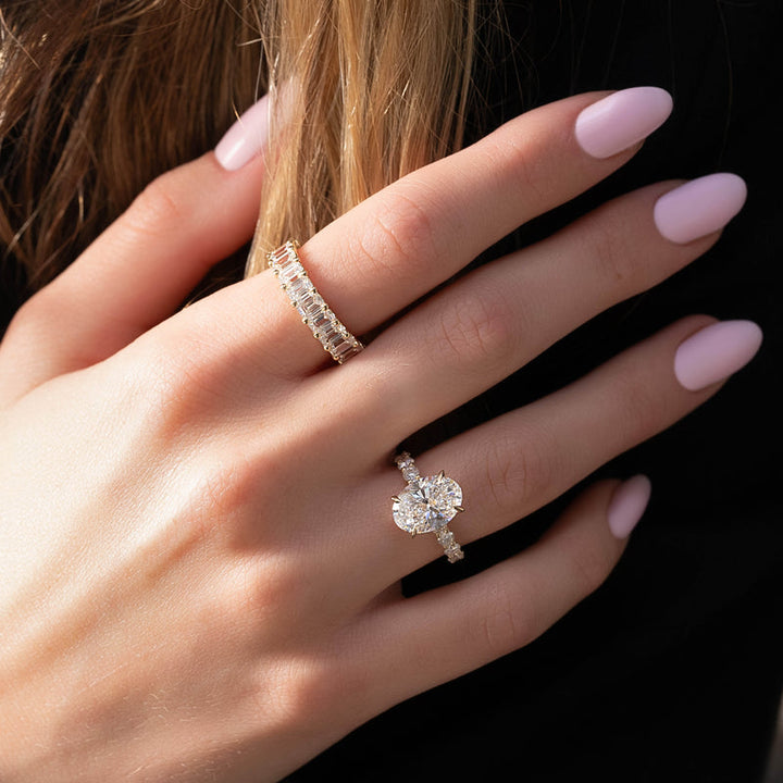 3.50CT Oval Lab Grown E/VS2 Diamond Hidden Halo & Pave Engagement Ring