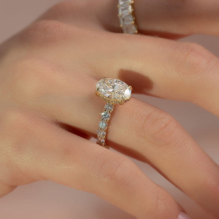 3.50CT Oval Lab Grown E/VS2 Diamond Hidden Halo & Pave Engagement Ring