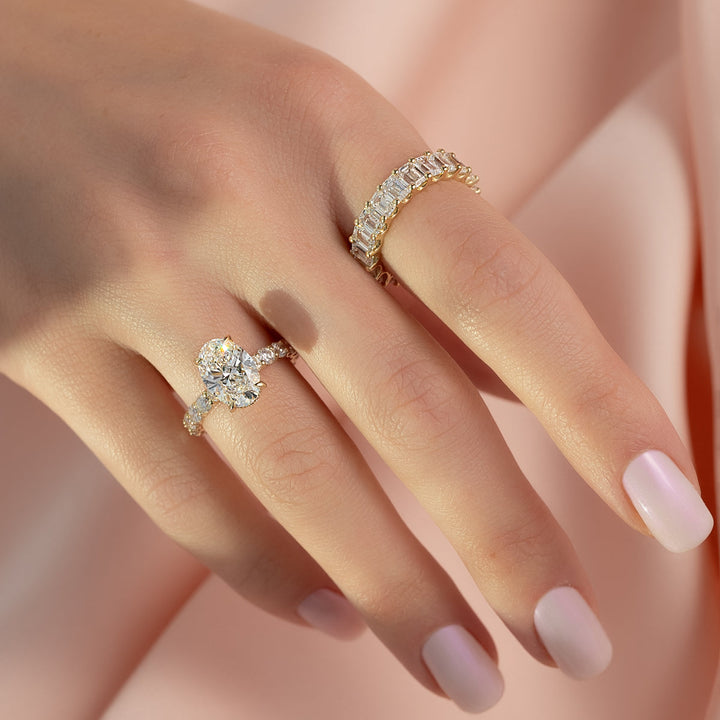 3.50CT Oval Lab Grown E/VS2 Diamond Hidden Halo & Pave Engagement Ring