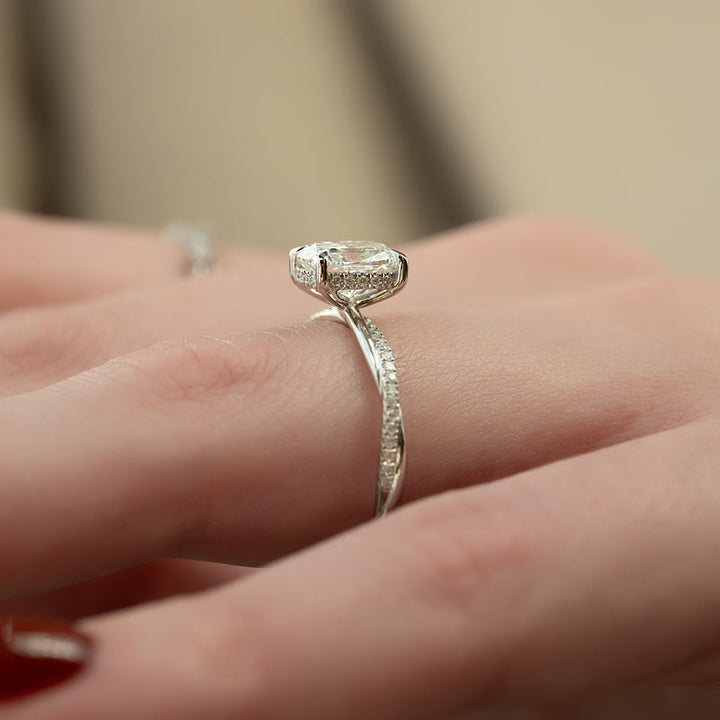 2.0CT Elongated Cushion Lab Grown D/VS Diamond Twisted Pave Engagement Ring