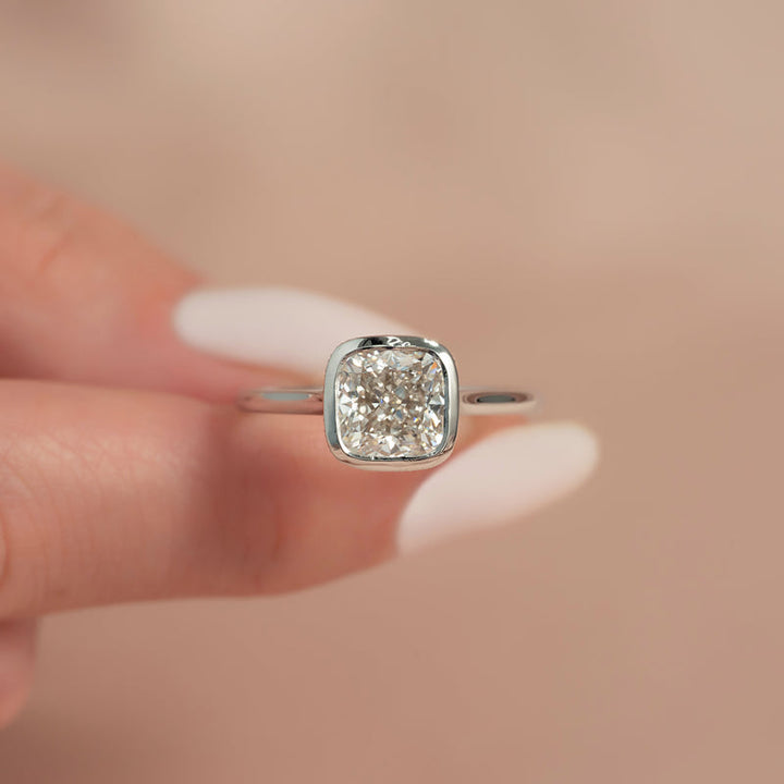 3.0CT Bezel Set Cushion Lab Grown E/VS2 Diamond Hidden Halo Engagement Ring