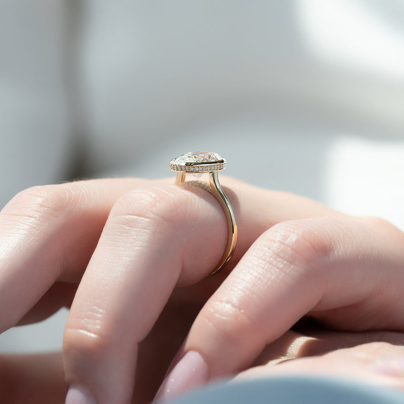4.50CT Oval Lab Grown E/VVS1 Diamond Bezel Set Engagement Ring
