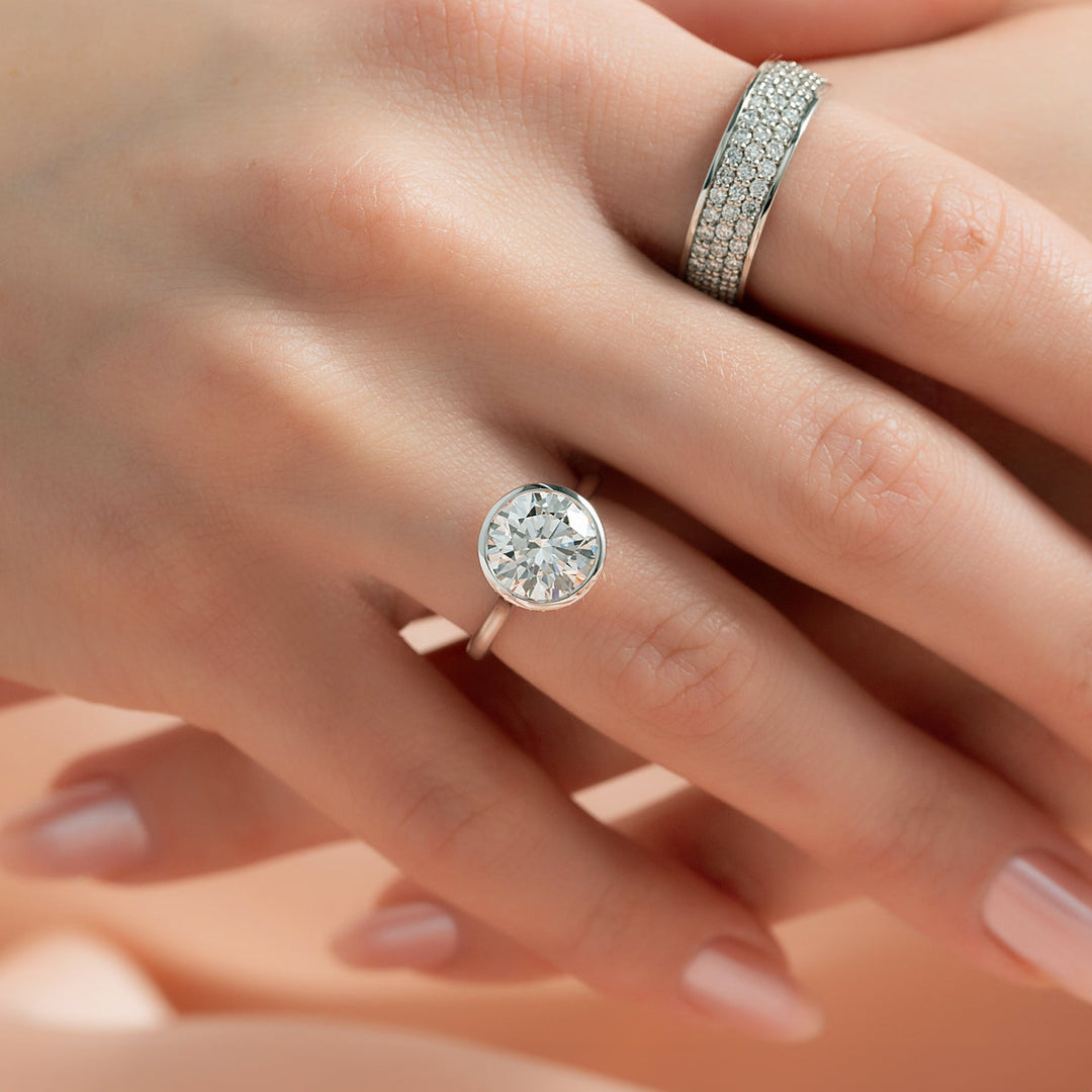3.50CT Round Lab Grown F/VS2 Bezel Set Diamond Hidden Halo Engagement Ring