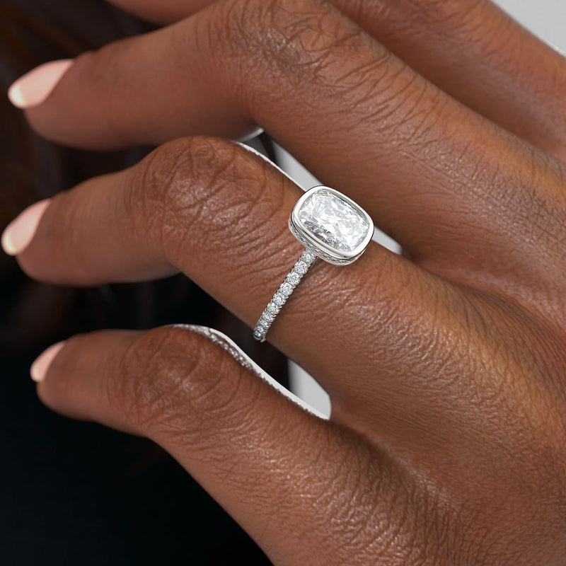 3.0CT Bezel Set Cushion Lab Grown D/VS2 Diamond Pave Engagement Ring