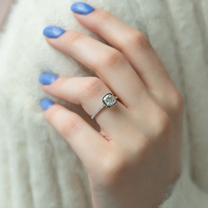 1.50CT Cushion Lab Grown E/VS2 Diamond Bezel Set Engagement Ring