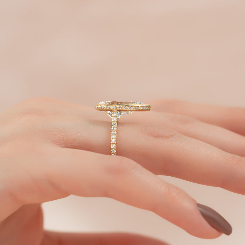 5.0CT Bezel Pear Lab Grown F/VVS1 Diamond Hidden Halo Engagement Ring