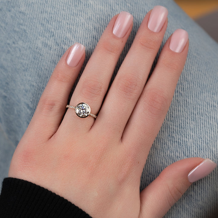 1.50CT Bezel Set Round Lab Grown E/VVS2 Diamond Pave Engagement Ring