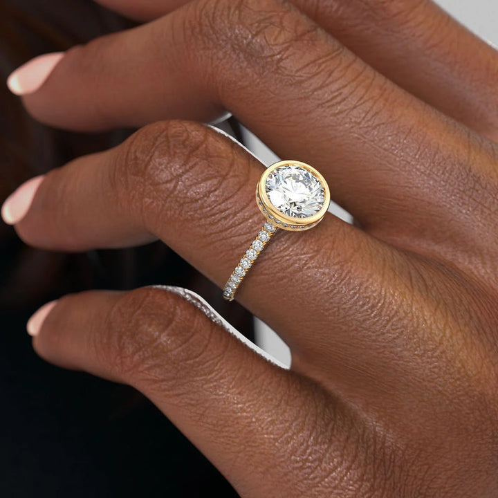 1.50CT Bezel Set Round Lab Grown E/VVS2 Diamond Pave Engagement Ring
