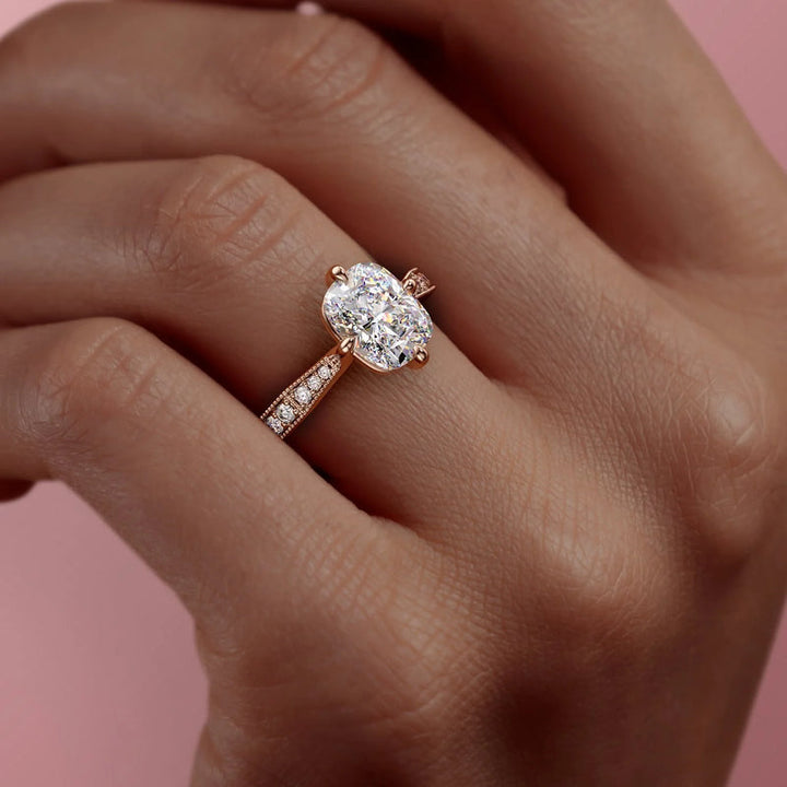 1.50CT Cushion Lab Grown D/VVS2 Diamond Milgrain Pave Engagement Ring