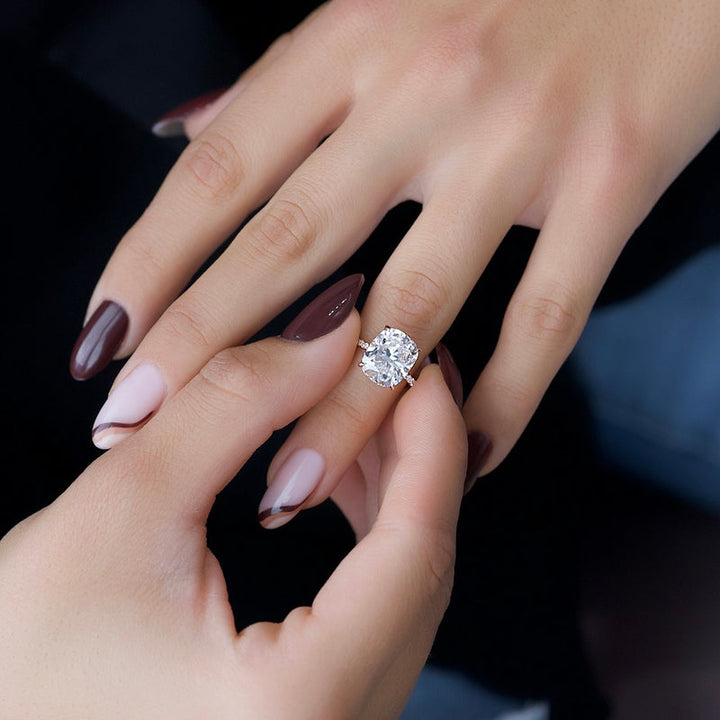 4.0CT Elongated Cushion Lab Grown E/VVS2 Hidden Halo Diamond Pave Engagement Ring