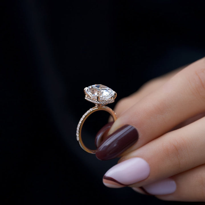 4.0CT Elongated Cushion Lab Grown E/VVS2 Hidden Halo Diamond Pave Engagement Ring