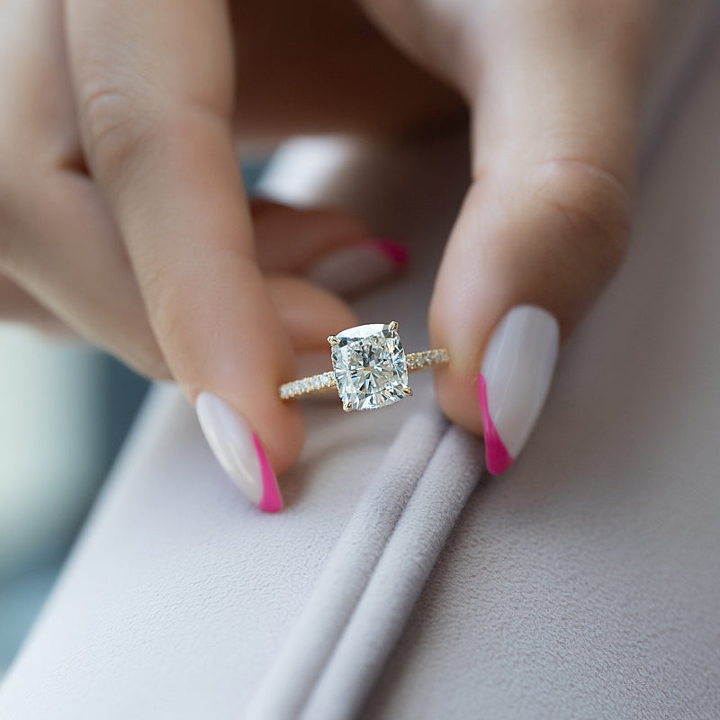 4.0CT Elongated Cushion Lab Grown E/VVS2 Hidden Halo Diamond Pave Engagement Ring