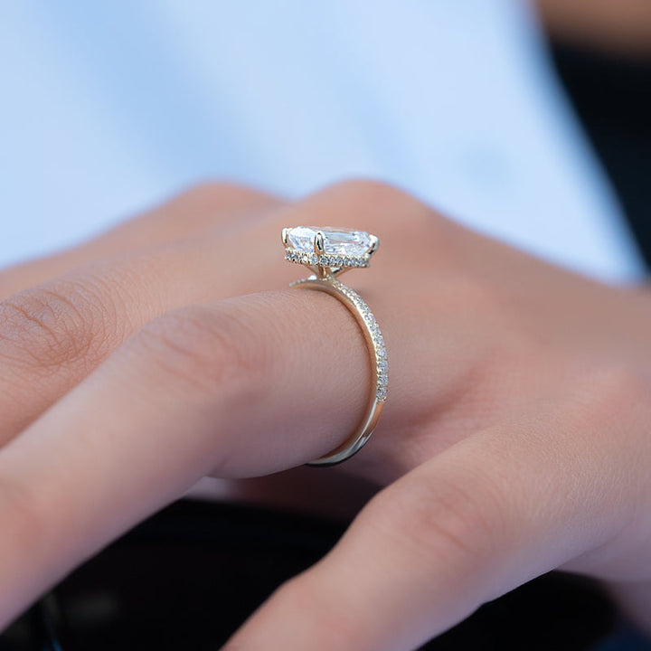 4.0CT Elongated Cushion Lab Grown E/VVS2 Hidden Halo Diamond Pave Engagement Ring