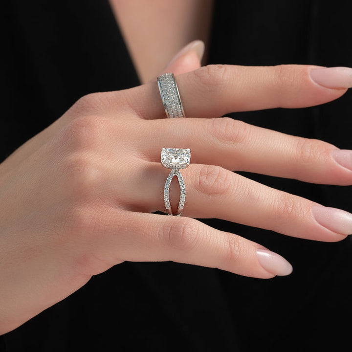 4.0CT Cushion Lab Grown D/VS Diamond Split Shank Pave Engagement Ring