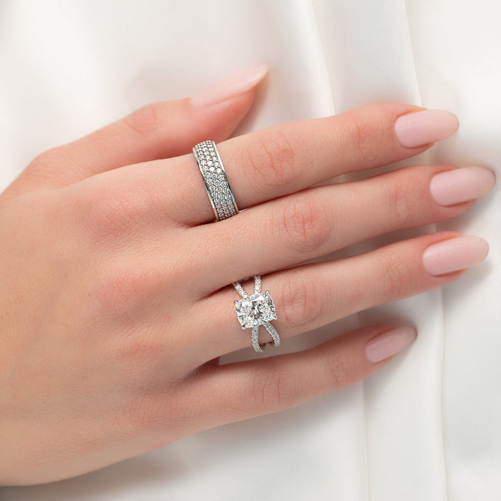 4.0CT Cushion Lab Grown D/VS Diamond Split Shank Pave Engagement Ring
