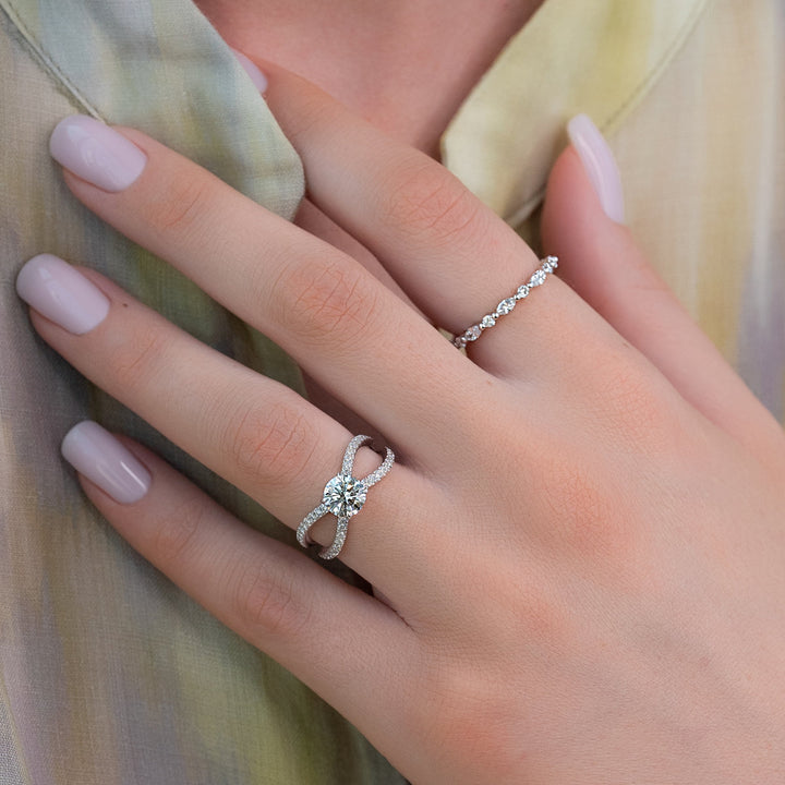 1.50CT Round Lab Grown E/VS2 Diamond Unique Shank Pave Engagement Ring