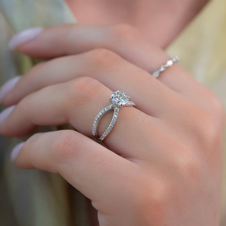 1.50CT Round Lab Grown E/VS2 Diamond Unique Shank Pave Engagement Ring