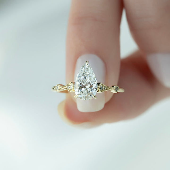 2.50CT Pear Lab Grown F/VVS2 Cathedral Diamond Vintage Pave Engagement Ring