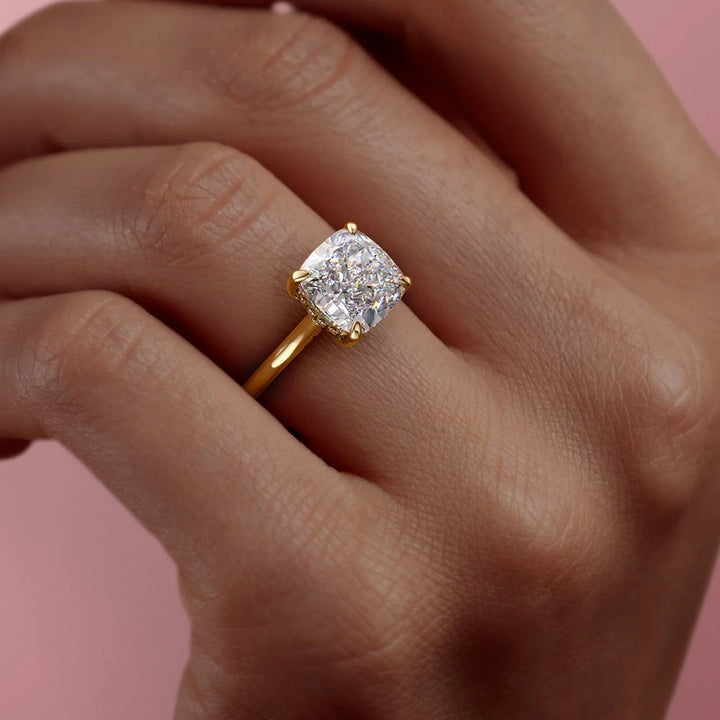 3.0CT Cushion Lab Grown Hidden Halo D/VS1 Diamond Bridge Engagement Ring