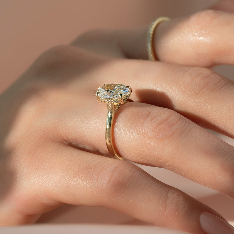 3.0CT Oval Lab Grown E/VS2 Bridge Diamond Hidden Halo Engagement Ring