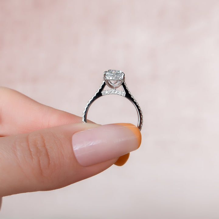 1.50CT Cushion Lab Grown E/VS1 Hidden Halo Diamond Bridge Engagement Ring