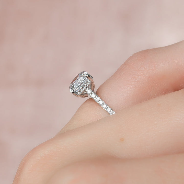 1.50CT Cushion Lab Grown E/VS1 Hidden Halo Diamond Bridge Engagement Ring