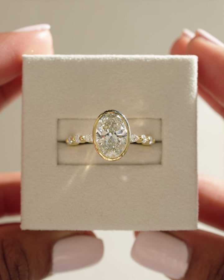 2.50ct-3.50ct Bezel Set Oval Cut Lab Grown Diamond Pave Engagement Ring