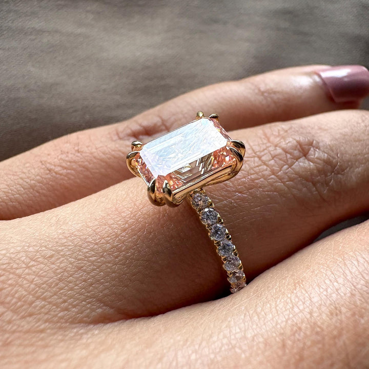 3.0CT Fancy Pink Diamond RingPink Emerald Cut Bridal RingLab Grown Pink Emerald Jewelry3.0 Carat Pink Emerald JewelryFancy Intense Pink Emerald Diamond3.0CT Double Prong Diamond RingLight Pink Emerald Lab Diamond