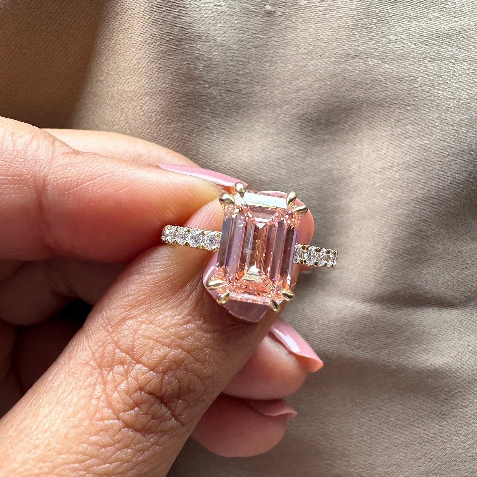 3.0 Carat Pink Diamond RingPink Emerald Cut Lab DiamondDouble Prong Pink Diamond Ring3.0CT Emerald Cut Engagement Ring