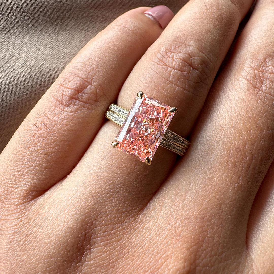 Double Pave Pink Diamond Ring3.0CT Radiant Engagement RingPink Lab Grown Diamond RingDouble Row Pave Diamond Ring3 Carat Pink Radiant DiamondDouble Pave Engagement RingFancy Pink Radiant Cut Ring3.0CT Pink Lab Diamond JewelryPink Diamond Double Pave Band