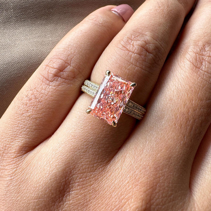 Double Pave Pink Diamond Ring3.0CT Radiant Engagement RingPink Lab Grown Diamond RingDouble Row Pave Diamond Ring3 Carat Pink Radiant DiamondDouble Pave Engagement RingFancy Pink Radiant Cut Ring3.0CT Pink Lab Diamond JewelryPink Diamond Double Pave Band