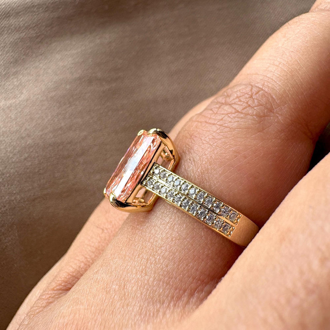 Fancy Pink Radiant Cut Ring3.0CT Pink Lab Diamond JewelryPink Diamond Double Pave BandLab Created Pink Radiant Ring3.0 Carat Radiant Lab DiamondPink Radiant Cut Statement RingMulti-Row Pave Diamond Ring3.0CT Pink Radiant Engagement RingRadiant Shaped Pink Lab DiamondThree Carat Pink Diamond RingFancy Vivid Pink Radiant Diamond