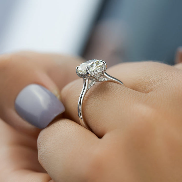 2.0CT Cushion Lab Grown Hidden Halo F/VS2 Diamond Cathedral Engagement Ring