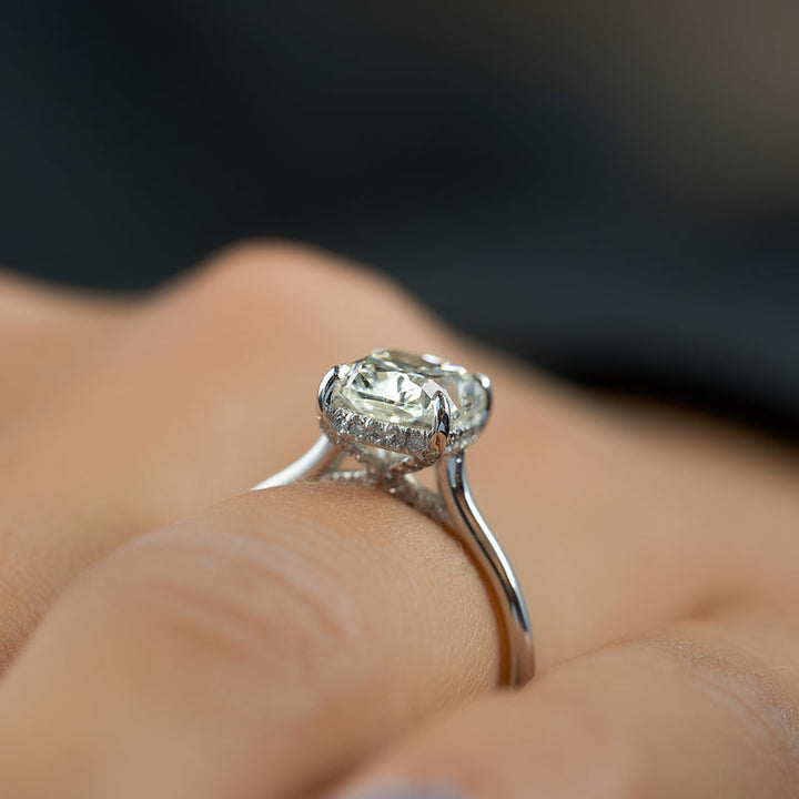 2.0CT Cushion Lab Grown Hidden Halo F/VS2 Diamond Cathedral Engagement Ring