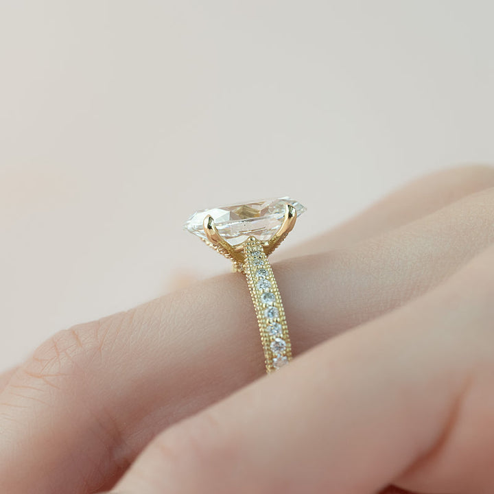 2.50CT Oval Lab Grown F/VVS1 Diamond Vintage Three Side Pave Engagement Ring